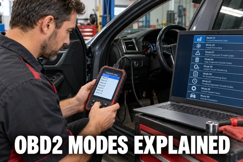 Mechanic comparing OBD2 service modes from live data through onboard monitoring on scanner and laptop.