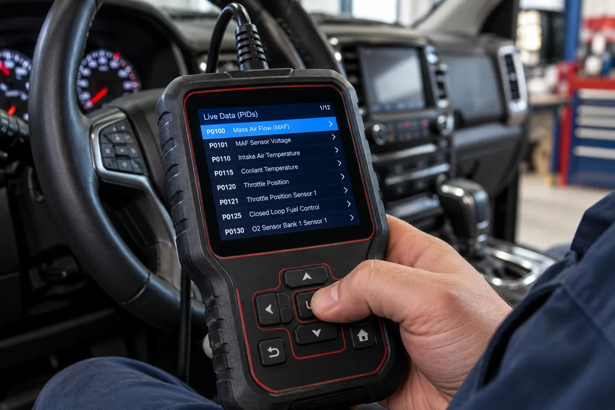 Handheld OBD2 scanner showing a list of engine diagnostic parameters as a technician navigates its menu.