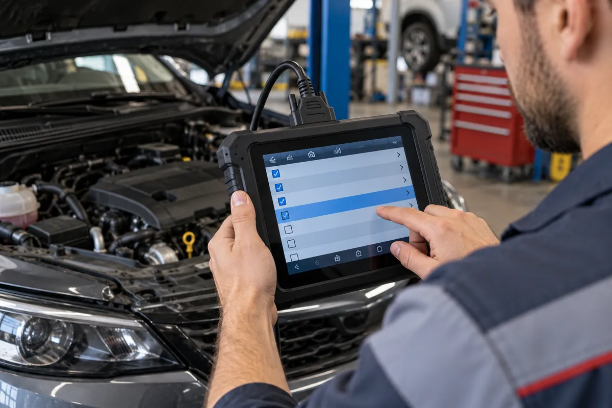 Mechanic selecting engine data parameters on a professional scan tablet beside an open vehicle engine bay.