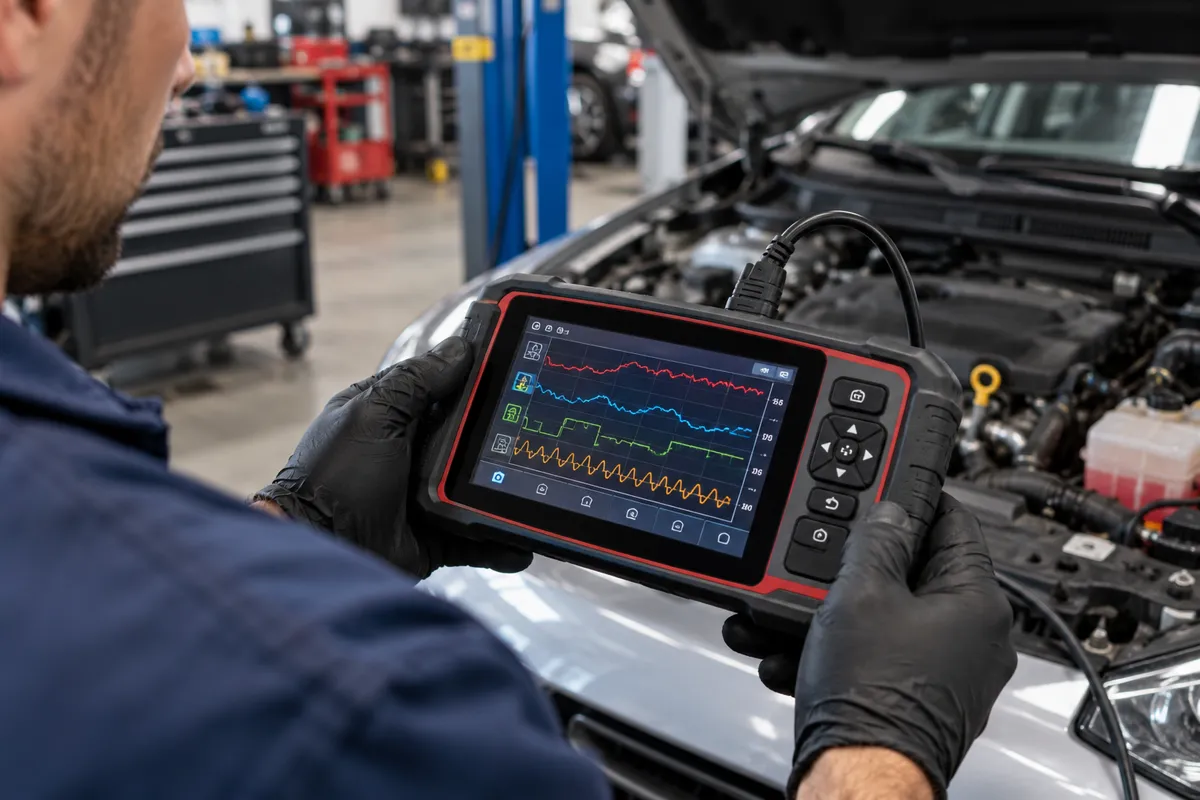 Technician viewing multiple live engine parameter graphs on a diagnostic tablet near an open hood.
