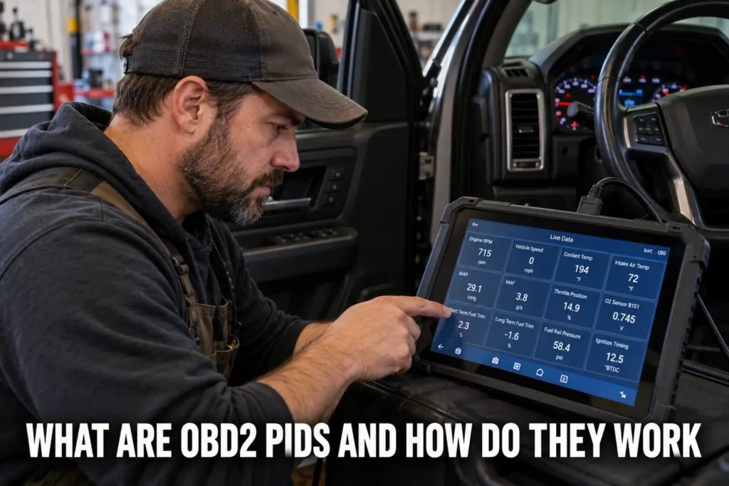 Professional OBD2 scanner showing RPM, coolant temperature, airflow and fuel trim parameter IDs.