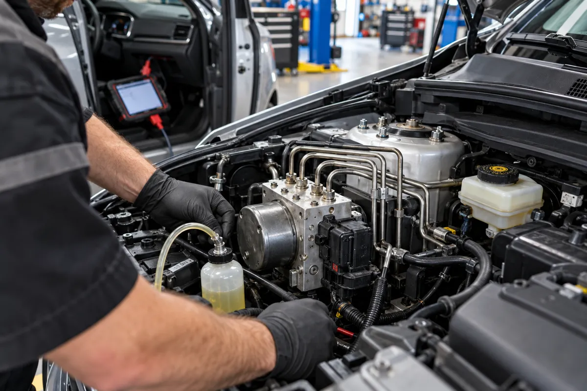 Close-up of the ABS hydraulic control module, metal brake lines, and brake fluid reservoir in a modern car engine bay.