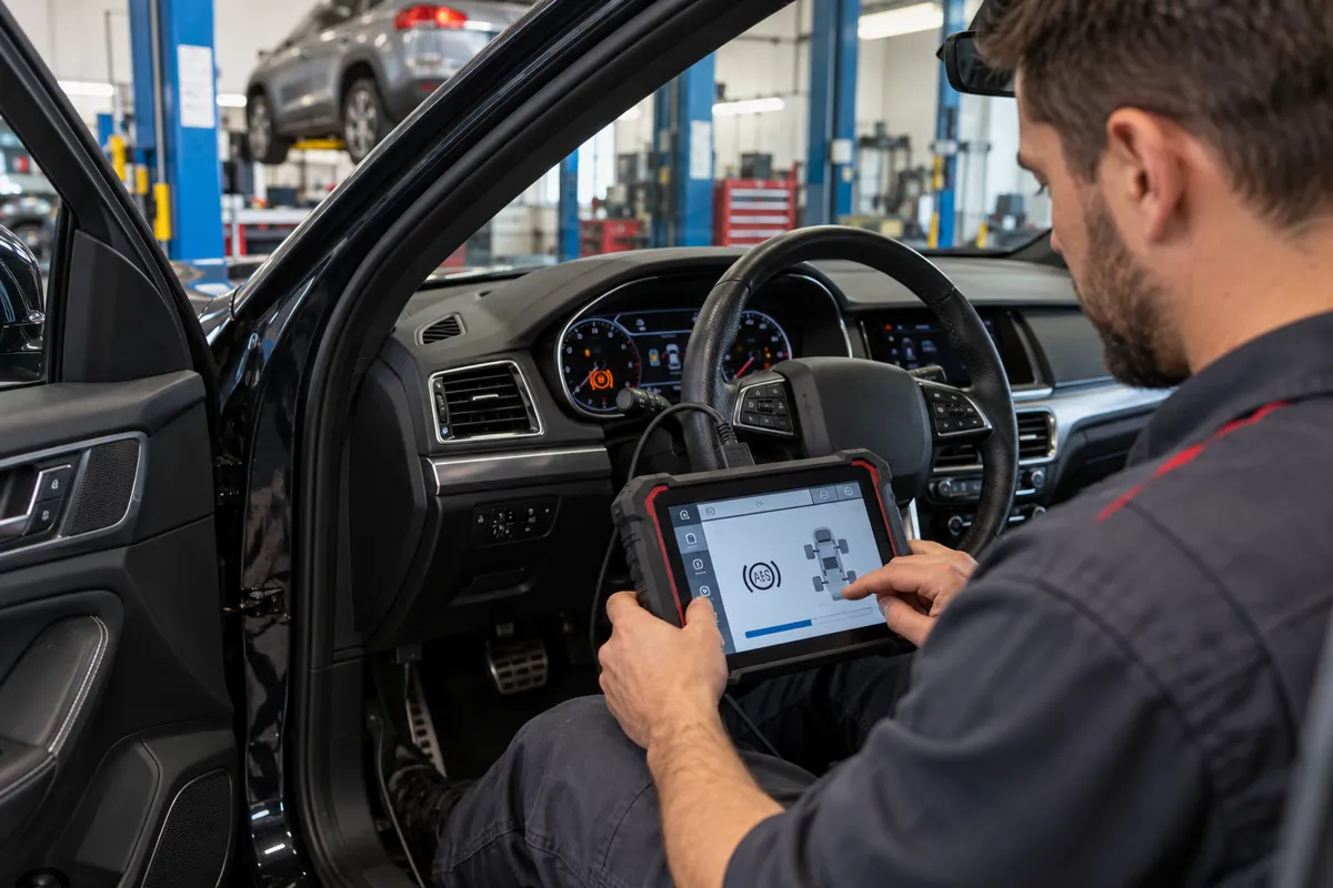 Automotive mechanic using a bidirectional diagnostic tablet to activate the ABS brake bleeding procedure inside a vehicle.