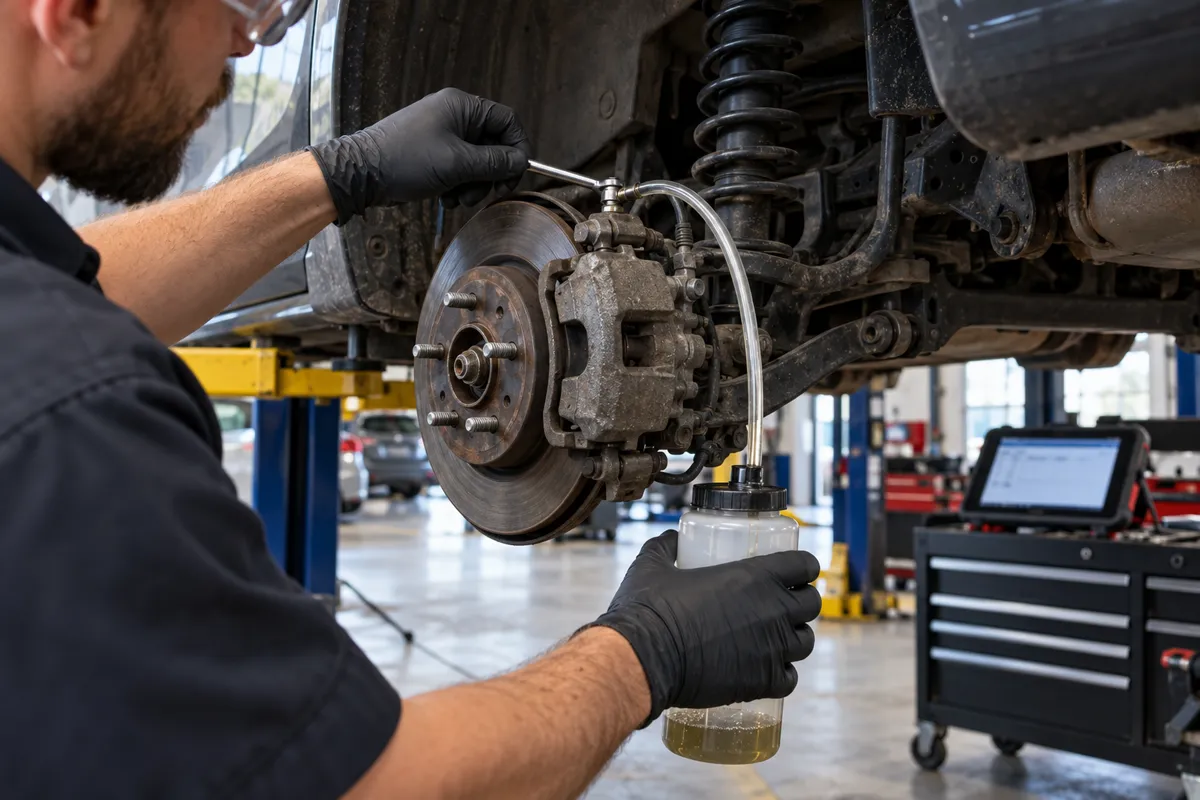 Technician bleeding a car brake caliper using a clear hose connected to a brake fluid collection bottle with the wheel removed.