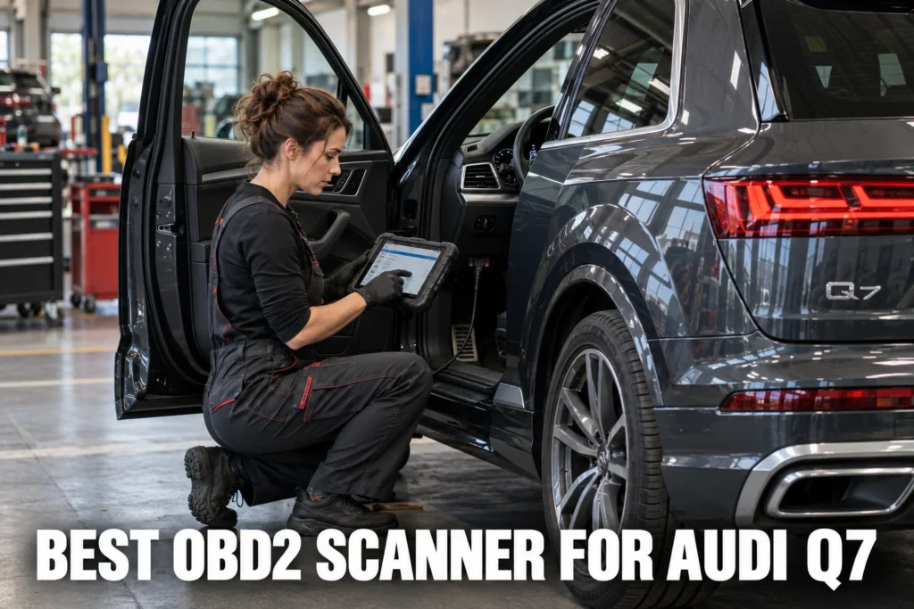 A woman mechanic using a tablet-style OBD2 scanner on an Audi Q7 in a professional repair shop.