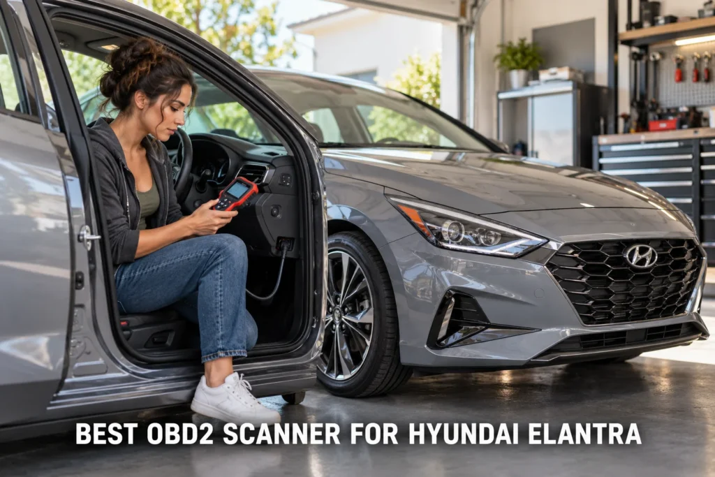 A man using a handheld OBD2 scanner inside a Hyundai Elantra parked in a driveway at sunset.