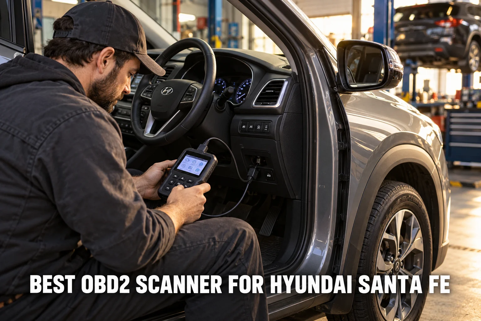 A mechanic using an OBD2 scanner on a Hyundai Santa Fe in a professional workshop.