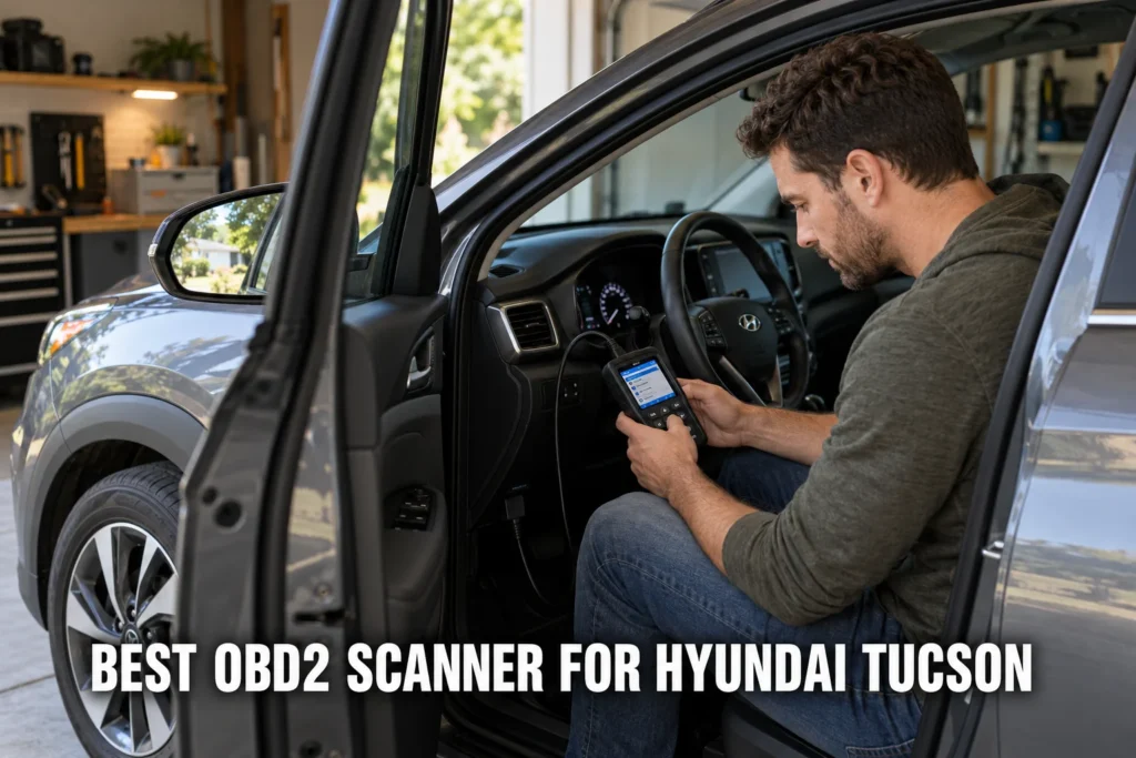 A woman mechanic using an OBD2 scanner on a Hyundai Tucson in a professional repair shop.