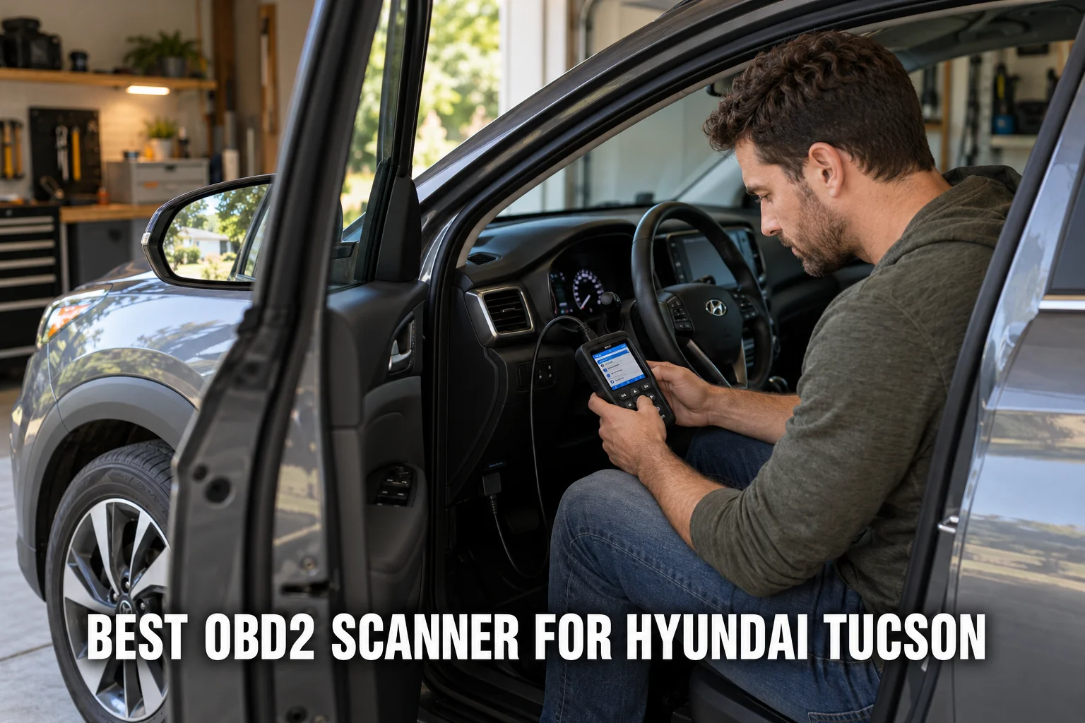 A woman mechanic using an OBD2 scanner on a Hyundai Tucson in a professional repair shop.