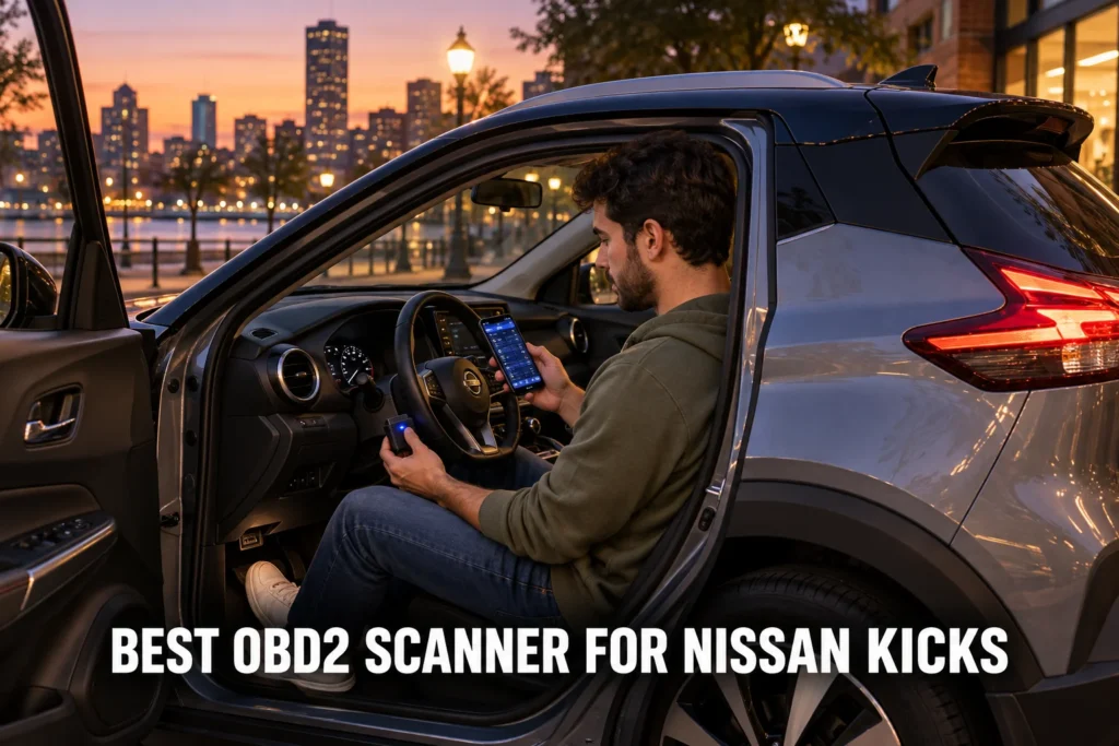 A man using an OBD2 scanner inside a Nissan Kicks parked near a city waterfront at dusk.