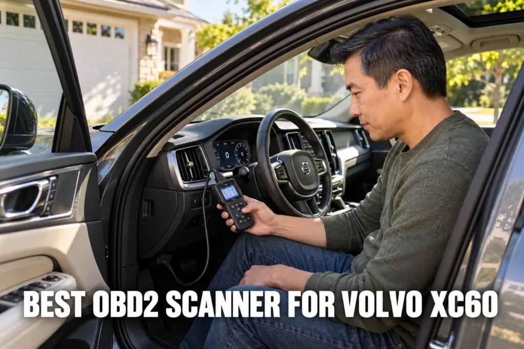 A man using a handheld OBD2 scanner inside a Volvo XC60 parked in a driveway.
