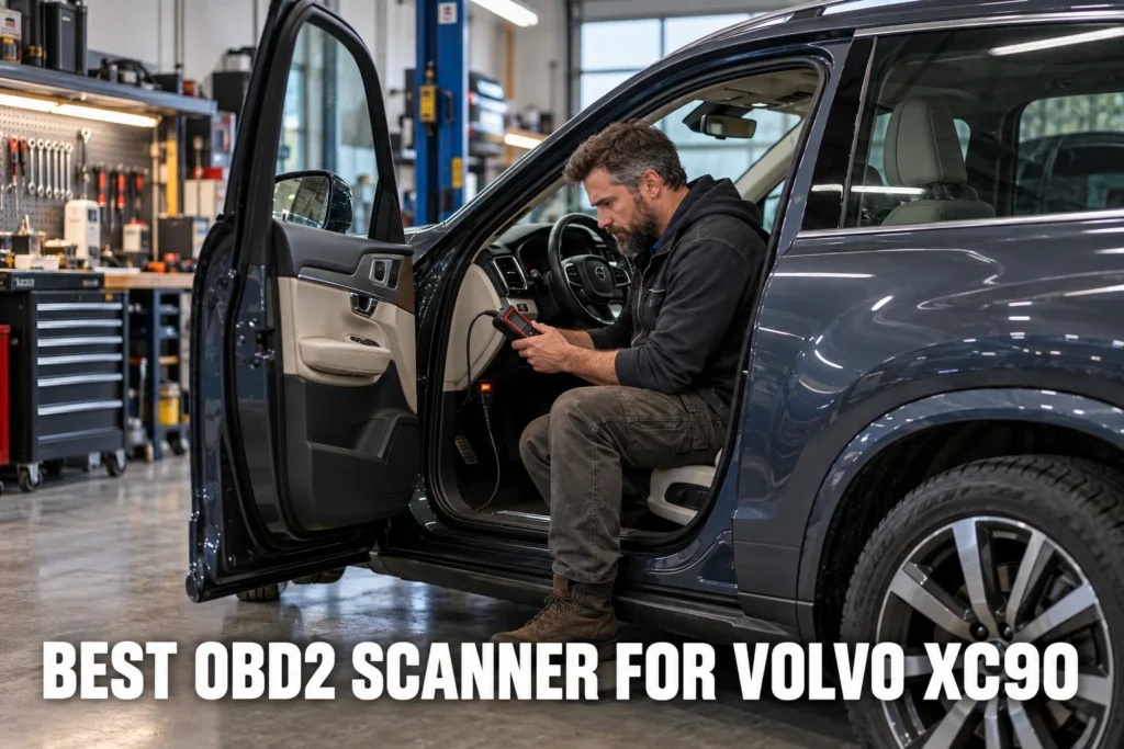 A man using an OBD2 scanner inside a Volvo XC90 in a workshop.