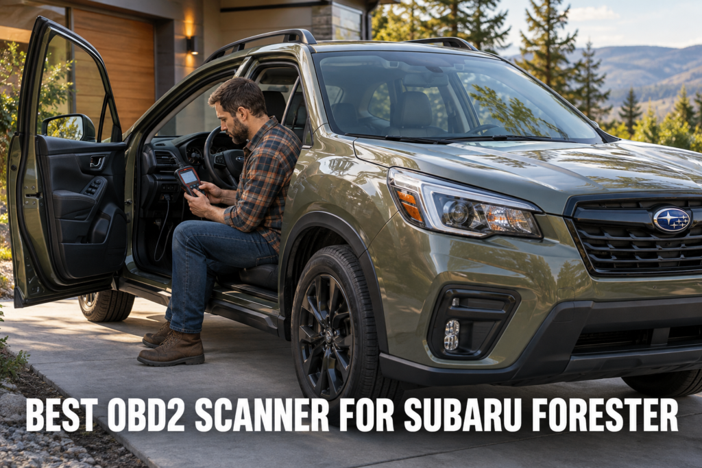A man using an OBD2 scanner inside a Subaru Forester parked near a mountain home.