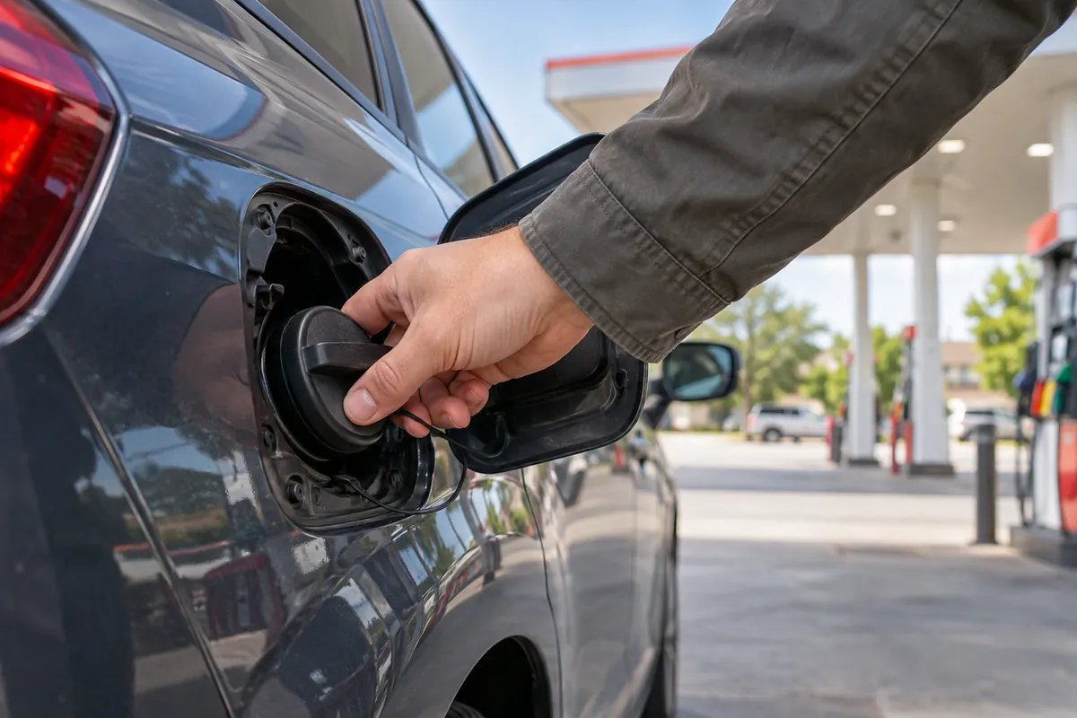 Close-up of a person's hand tightening a car's fuel cap at a gas station, with the canopy and pumps blurred in the background.