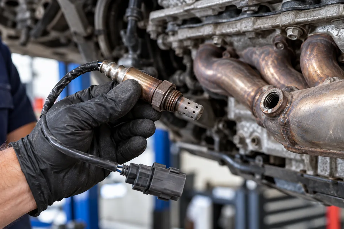 Mechanic holding an automotive oxygen sensor with its threaded body, probe tip, and electrical connector visible beside an exhaust manifold.