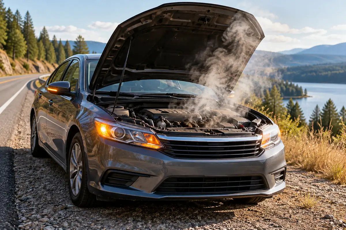 Overheated car stopped on a rural roadside with its hood open, steam rising from the engine bay, and hazard lights illuminated.