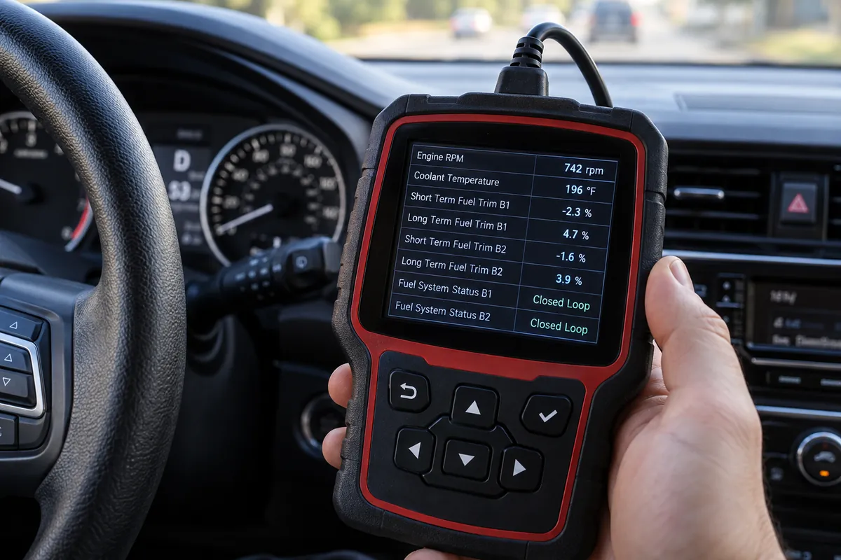 Handheld OBD2 scanner displaying live engine RPM, coolant temperature, short-term and long-term fuel trims, and fuel system status inside a car.