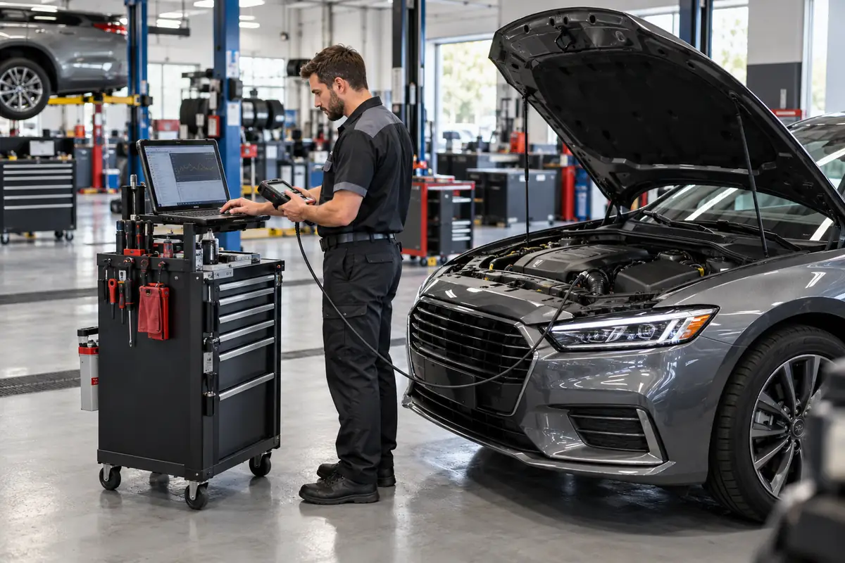 Automotive technician diagnosing a car with an OBD2 scanner while reviewing engine data on a laptop in a professional repair workshop.