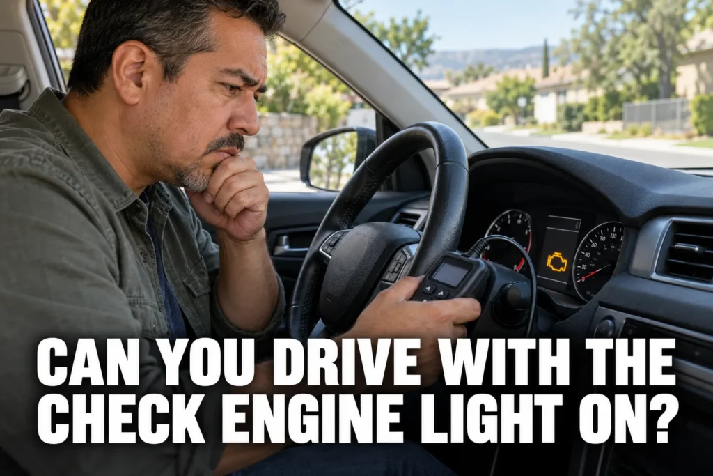 Concerned driver inside a parked car holding an OBD2 scanner while the check engine light glows on the dashboard.