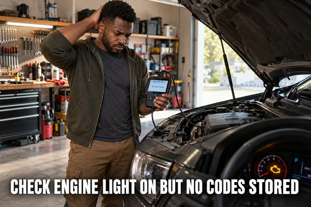 Man in a home garage holding an OBD2 scanner showing no codes stored while a car's check engine light is on.