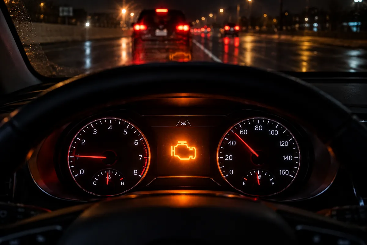 Car instrument cluster at night showing a bright amber check engine warning light with dashboard reflections on the windshield and wet highway traffic ahead.