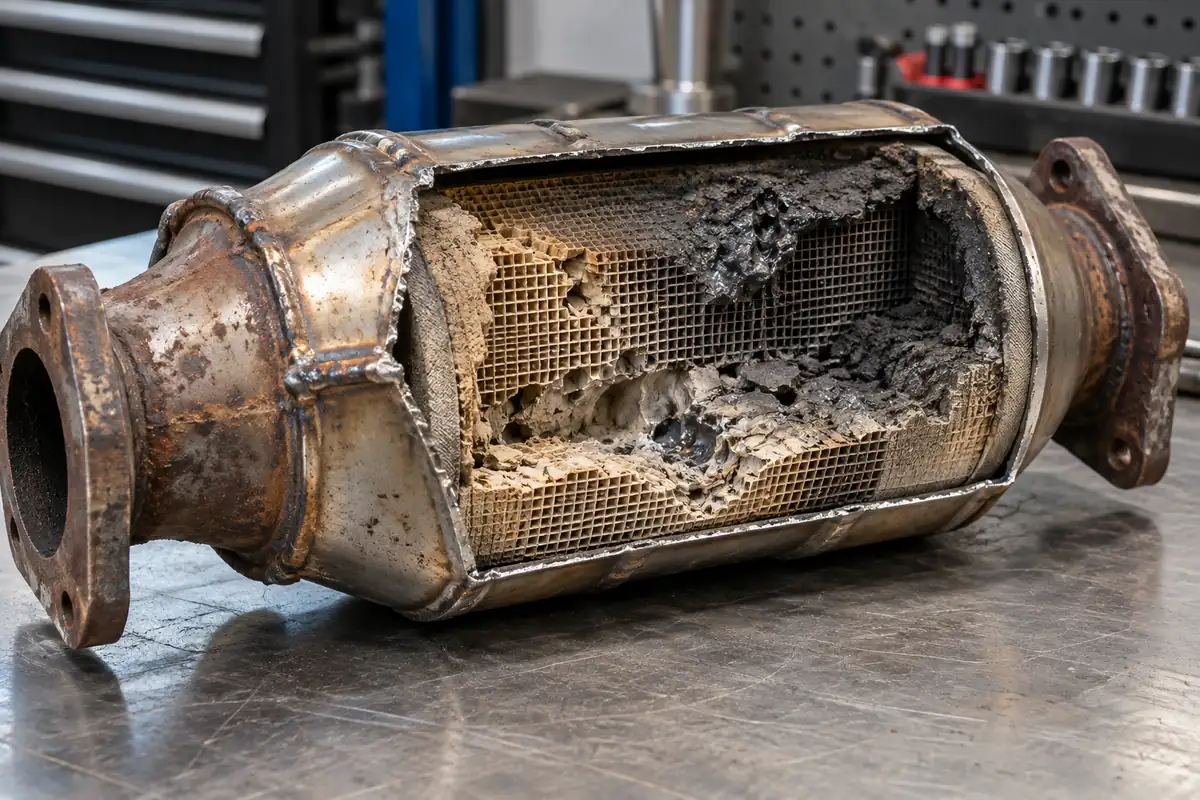 Cutaway catalytic converter on a workshop bench revealing a severely damaged ceramic honeycomb substrate with melted, darkened, and collapsed sections.