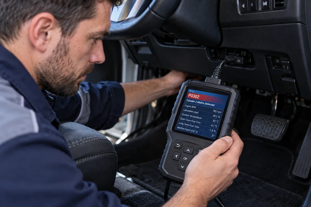Mechanic using a connected OBD2 diagnostic scanner displaying fault code P0302 for a cylinder 2 misfire, with engine data visible on the screen.