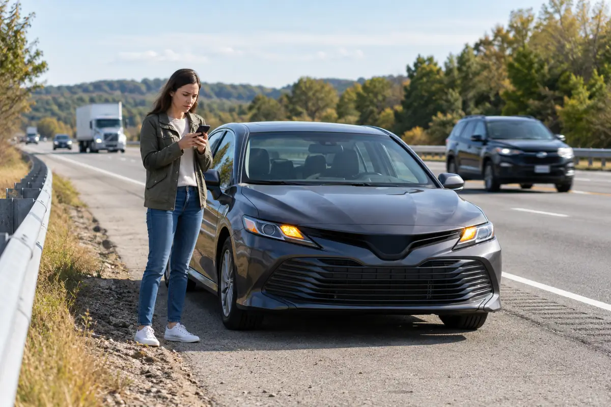Woman using her smartphone beside a car pulled over on a highway shoulder with hazard lights illuminated while traffic passes in the background.