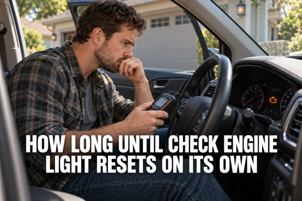 Man sitting in a parked car holding an OBD2 scanner while watching an illuminated check engine light on the dashboard.