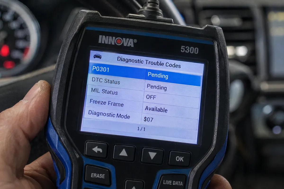 Close-up of an OBD2 diagnostic scanner displaying a pending P0301 trouble code and diagnostic status information on its screen.