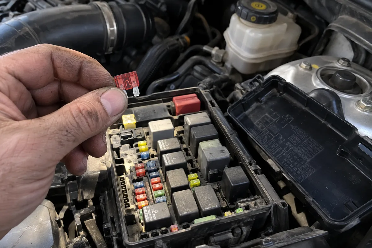 Mechanic inspecting a blown automotive fuse with a damaged internal filament above an open fuse box in a car's engine bay.