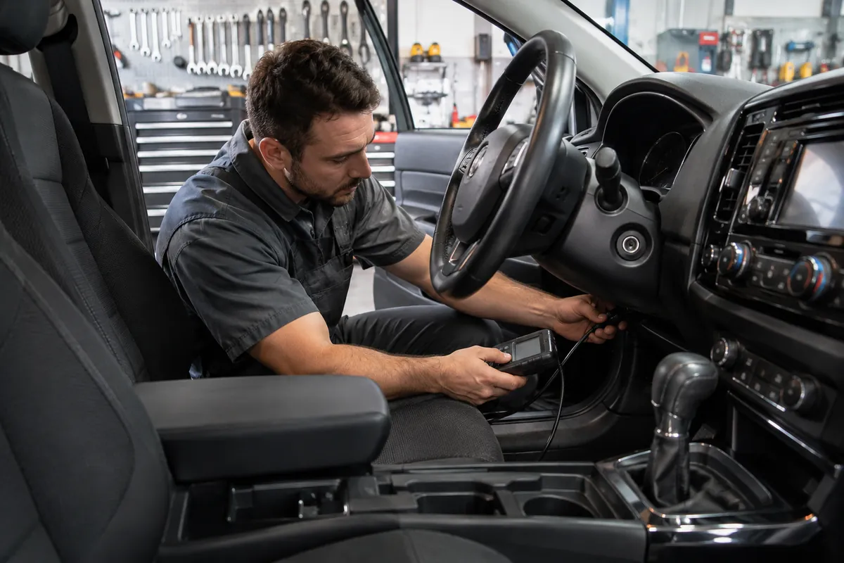 Professional mechanic connecting an OBD2 diagnostic scanner beneath a car's steering column inside a well-equipped automotive repair workshop.
