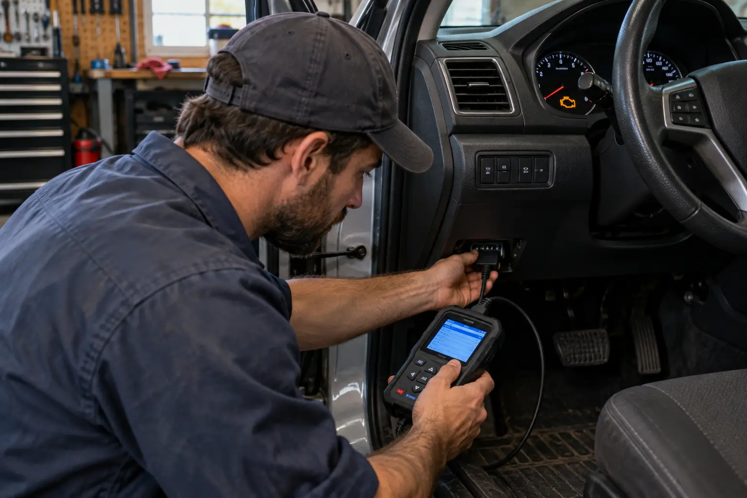 Mechanic connecting a handheld OBD2 diagnostic scanner to a car's diagnostic port in a home garage, with the check engine light glowing on the instrument cluster.