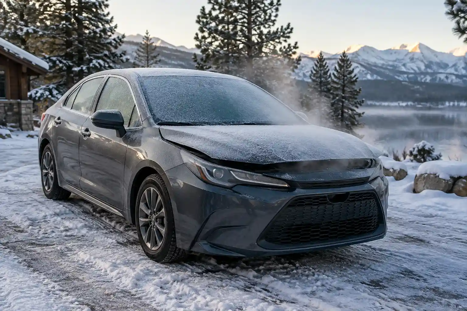 Frost-covered car parked outdoors on a snowy winter morning with its hood slightly open and condensation rising from the engine compartment.