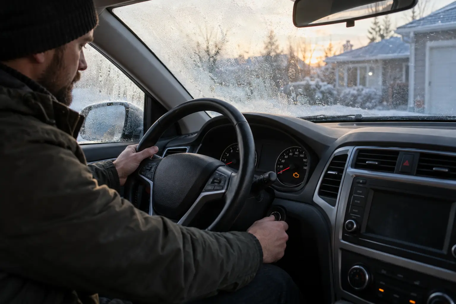 Driver turning the ignition key inside a parked car on a frosty winter morning, with the amber check engine light illuminated on the dashboard.