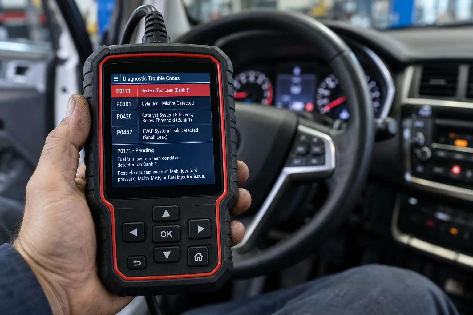 Close-up of a handheld OBD2 scanner displaying diagnostic trouble codes and fault information, with a car dashboard blurred in the background.