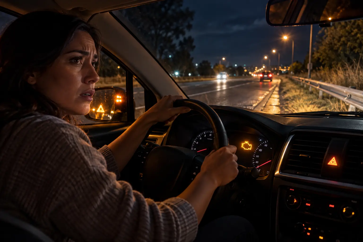 Concerned female driver pulling over on a road at night with the amber check engine light illuminated on the dashboard and hazard lights activated.