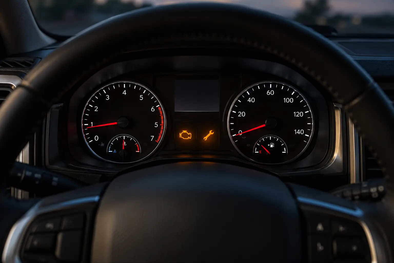 Car instrument cluster showing two separate amber warning indicators, a check engine symbol and a wrench icon, illuminated simultaneously on the dashboard.