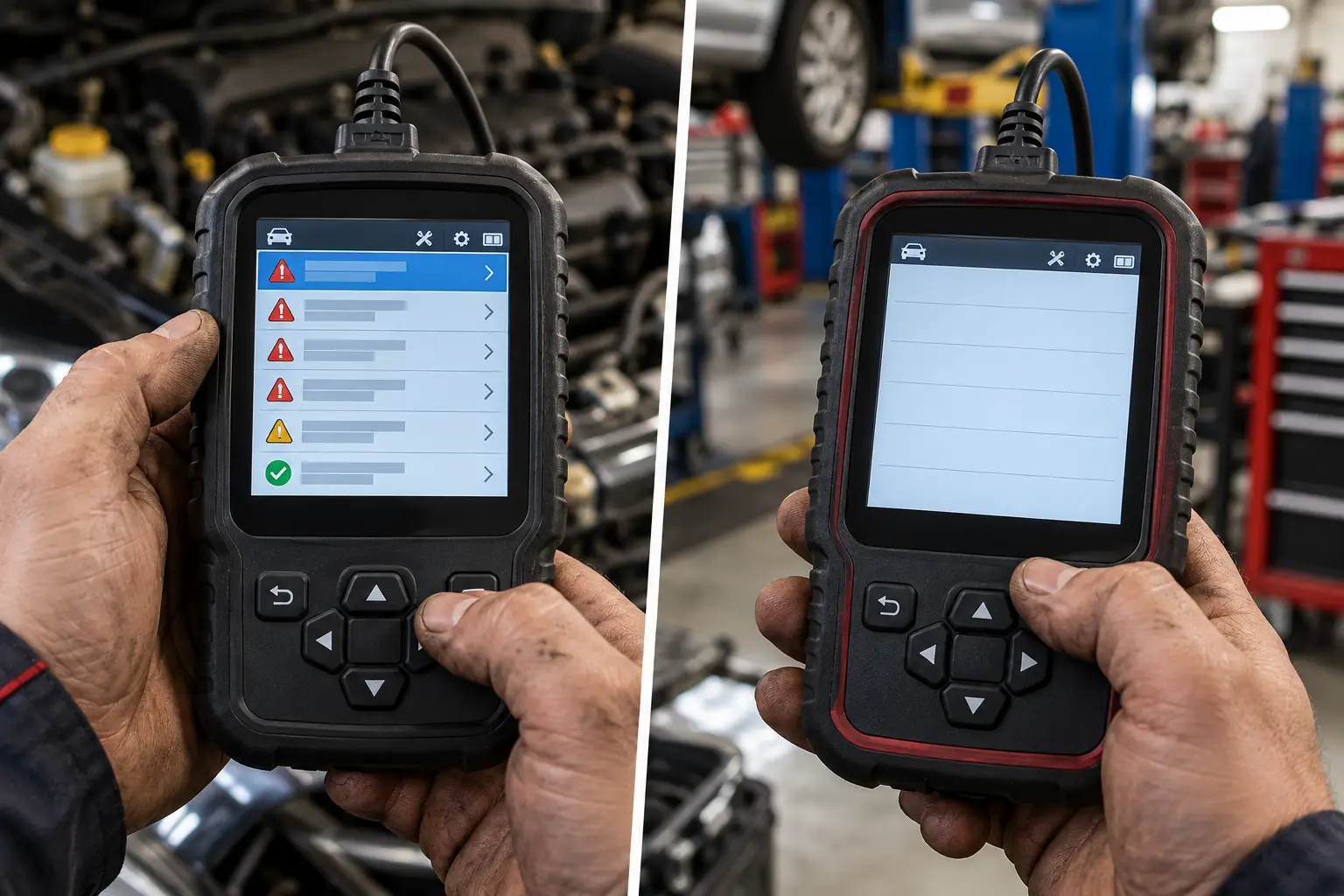 Side-by-side comparison of two handheld OBD2 scanners, one displaying multiple diagnostic fault indicators and the other showing an empty trouble code list.