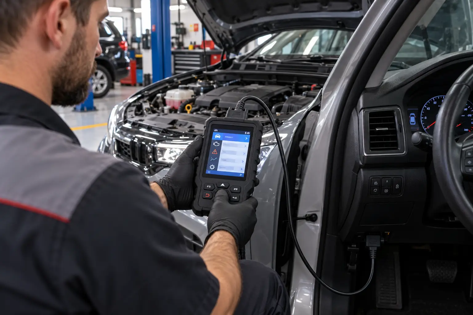 Professional mechanic using a handheld OBD2 diagnostic scanner connected to a vehicle in an automotive workshop, with the car hood open in the background.