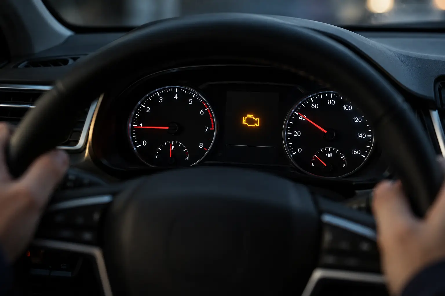 Close-up of a modern car dashboard with an amber check engine warning light illuminated between the speedometer and tachometer, with the driver's hands on the steering wheel.